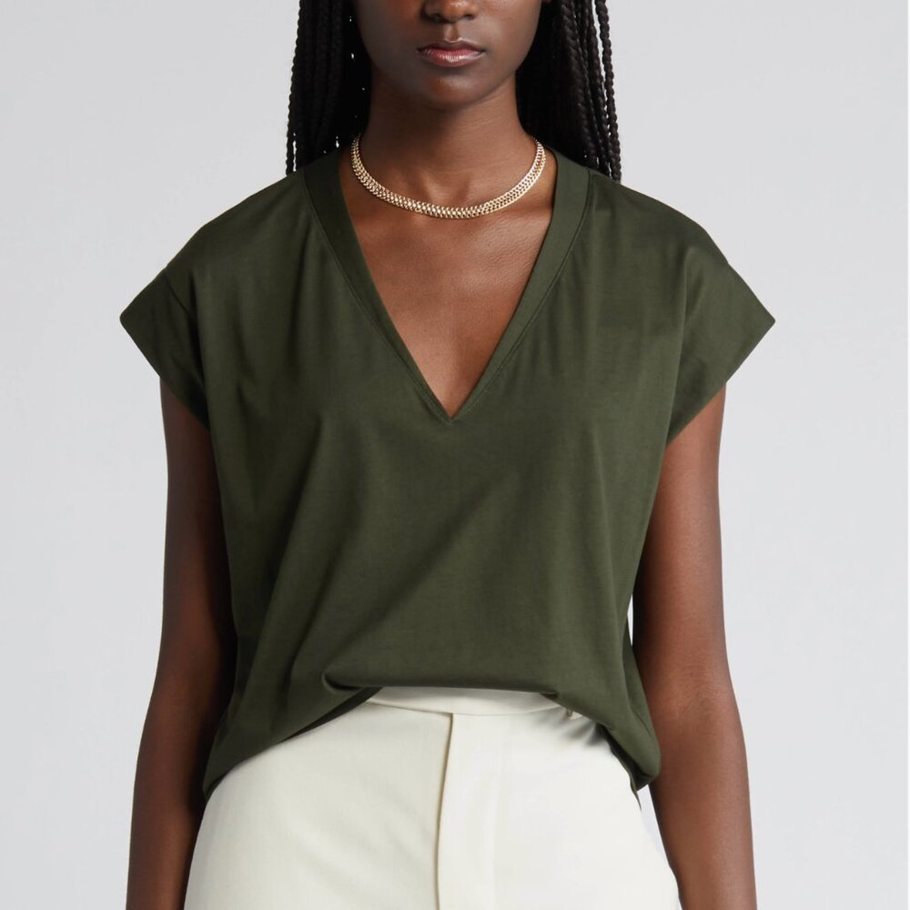 Frame Denim Le Mid Dark Green V-Neck Tee